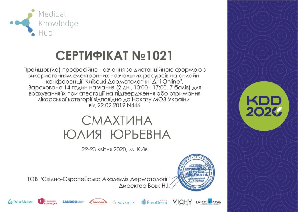 Смахтіна Юлія Юріївна дерматолог в Інститут Клінічної Медицини