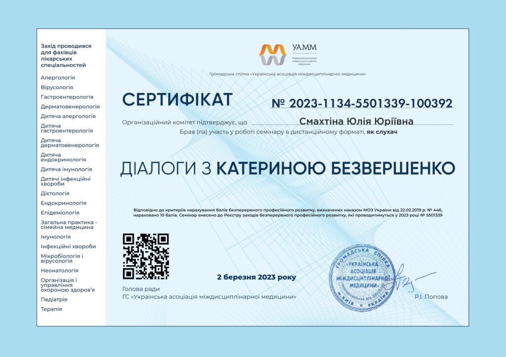 Смахтіна Юлія Юріївна дерматолог в Інститут Клінічної Медицини Київ